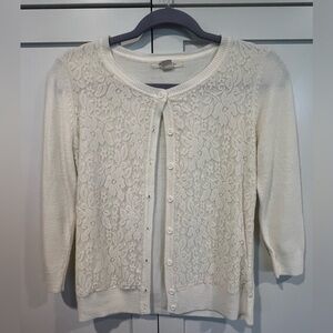 Cream/Ivory Lace Front Cardigan Sweater, 3/4 Sleeve
